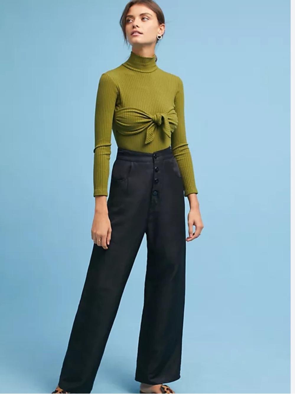 Mara Hoffman Olive Green Ribbed Tie-Front Turtleneck body suit